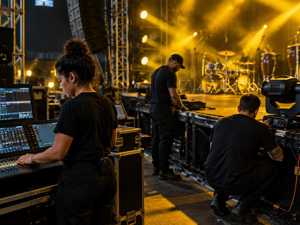 Equipe técnica trabalhando nos bastidores de um show